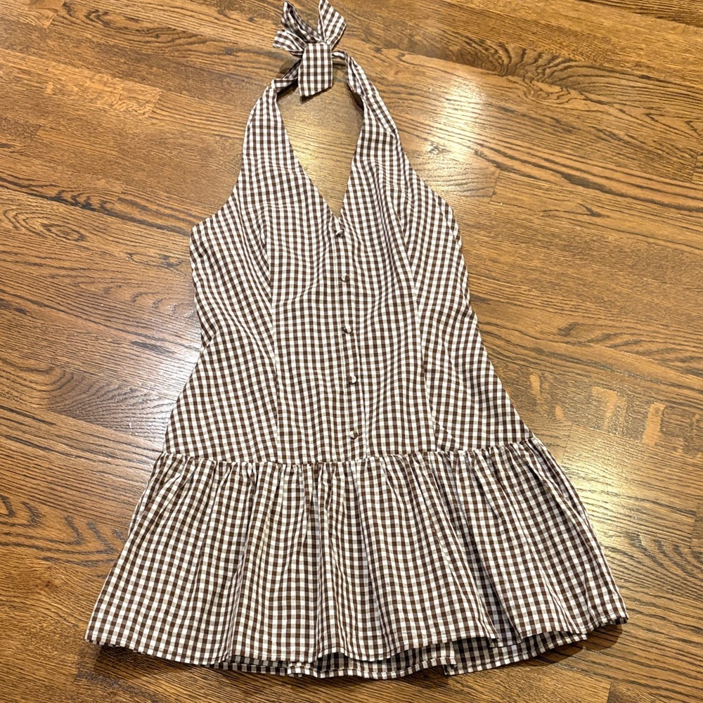 Peppermayo NWOT white & Brown Gingham Halter mini Dress, US6